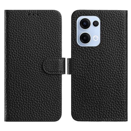 For Oppo Reno13 5G (Global) Case Wallet Stand Litchi Texture Genuine Cow Leather Flip Phone Cover - Black