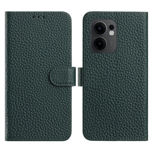 For Oppo Reno13 F 5G  /  4G Case Wallet Stand Litchi Texture Genuine Cow Leather Flip Phone Cover - Green