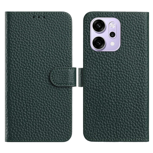 For Oppo Reno14 Pro 5G (Global) Case Wallet Stand Litchi Texture Genuine Cow Leather Flip Phone Cover - Green