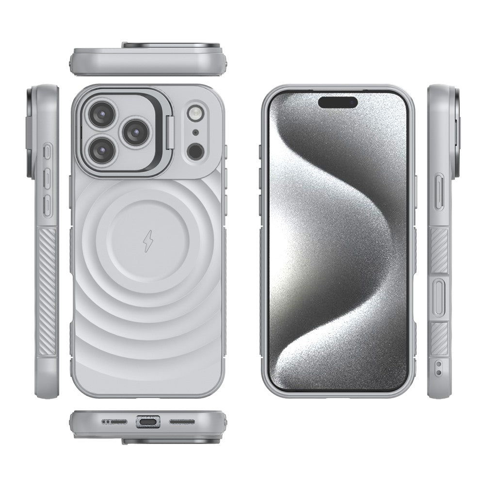 For iPhone 17 Pro Max Case Compatible with MagSafe PC Kickstand Ripple Texture TPU Phone Cover - Grey