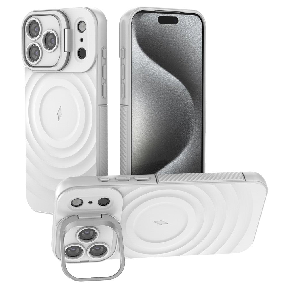 For iPhone 17 Pro Max Case Compatible with MagSafe PC Kickstand Ripple Texture TPU Phone Cover - White