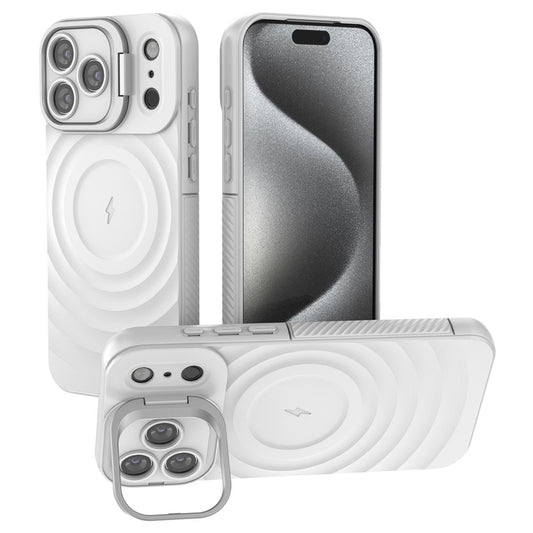 For iPhone 17 Pro Max Case Compatible with MagSafe PC Kickstand Ripple Texture TPU Phone Cover - White