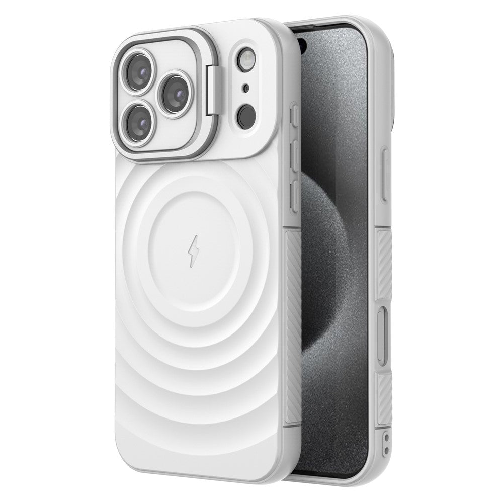 For iPhone 17 Pro Max Case Compatible with MagSafe PC Kickstand Ripple Texture TPU Phone Cover - White