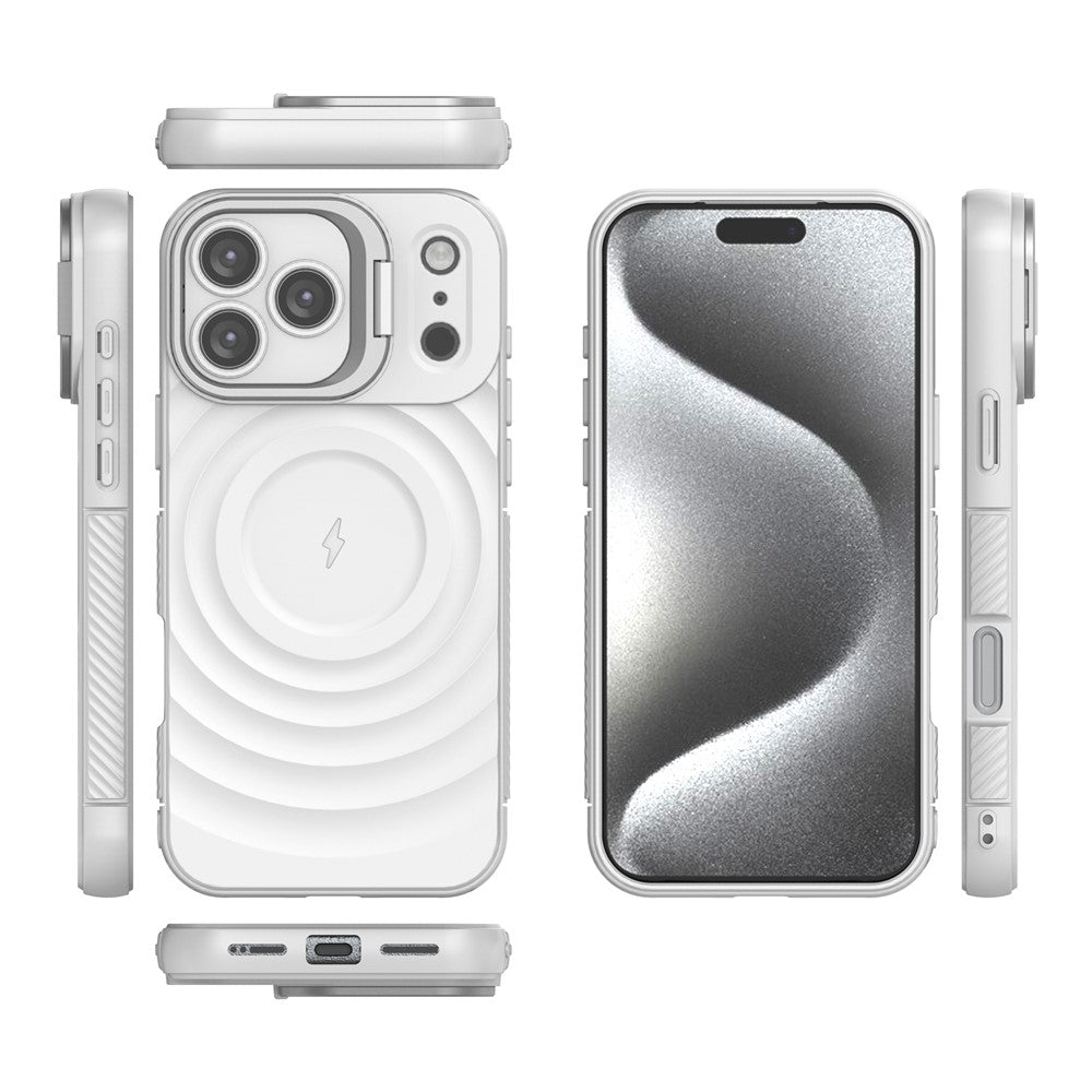 For iPhone 17 Pro Max Case Compatible with MagSafe PC Kickstand Ripple Texture TPU Phone Cover - White