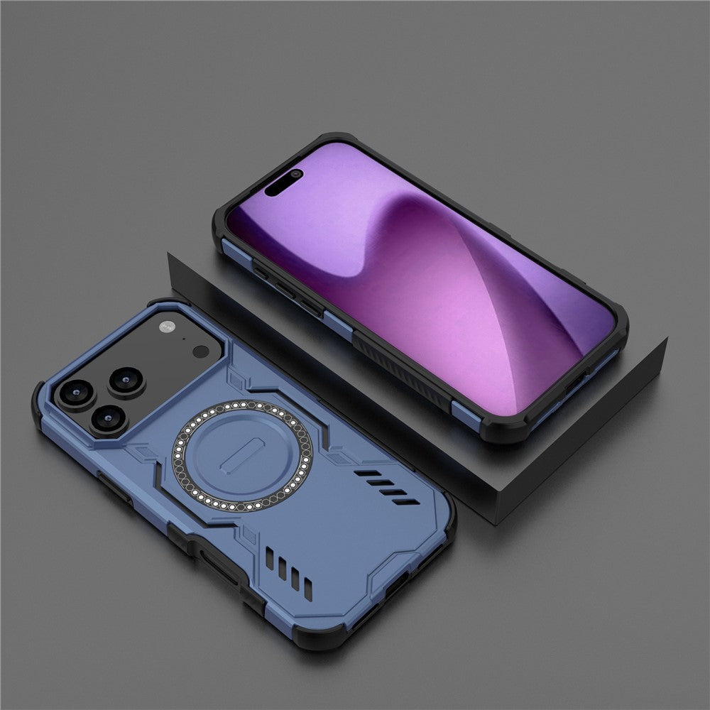 For iPhone 17 Pro Max Magnetic Case Butterfly Armor Hollow Heat Dissipation PC + TPU Phone Cover - Blue