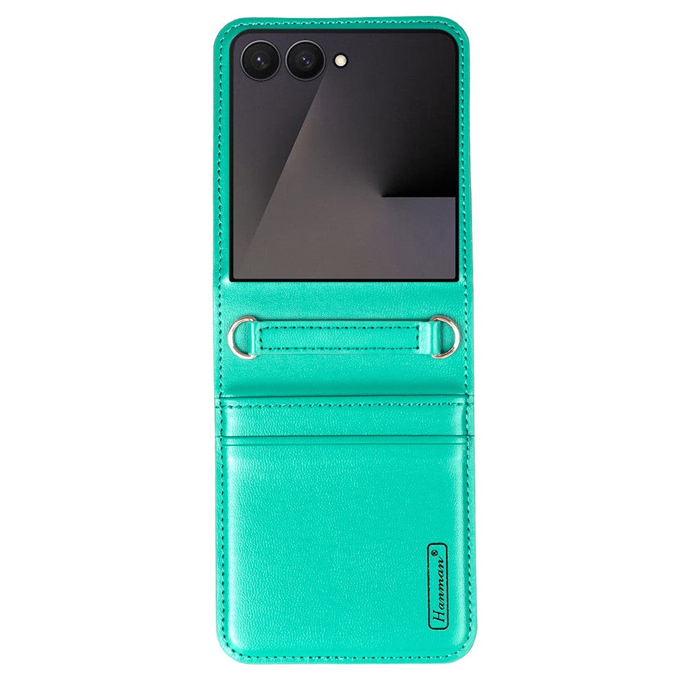 HANMAN Mill Series for Samsung	Galaxy Z Flip7 5G Case Card Slots PU Leather Phone Cover - Cyan
