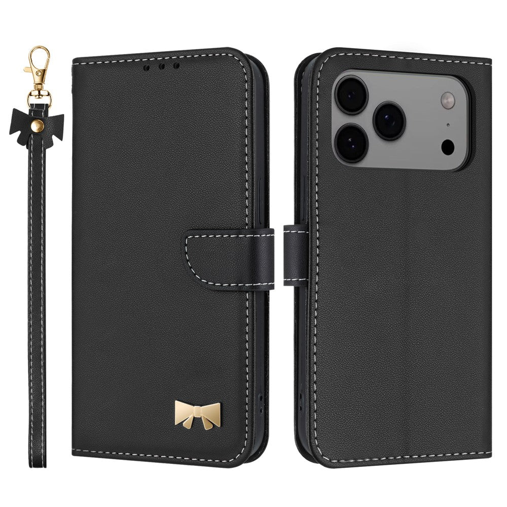 For iPhone 17 Pro Max Case Bowknot Decor Wallet Leather Phone Cover with Wrist Strap - Black