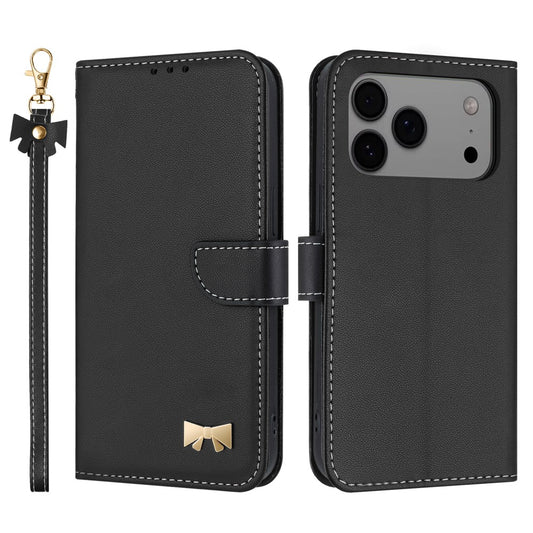 For iPhone 17 Pro Max Case Bowknot Decor Wallet Leather Phone Cover with Wrist Strap - Black