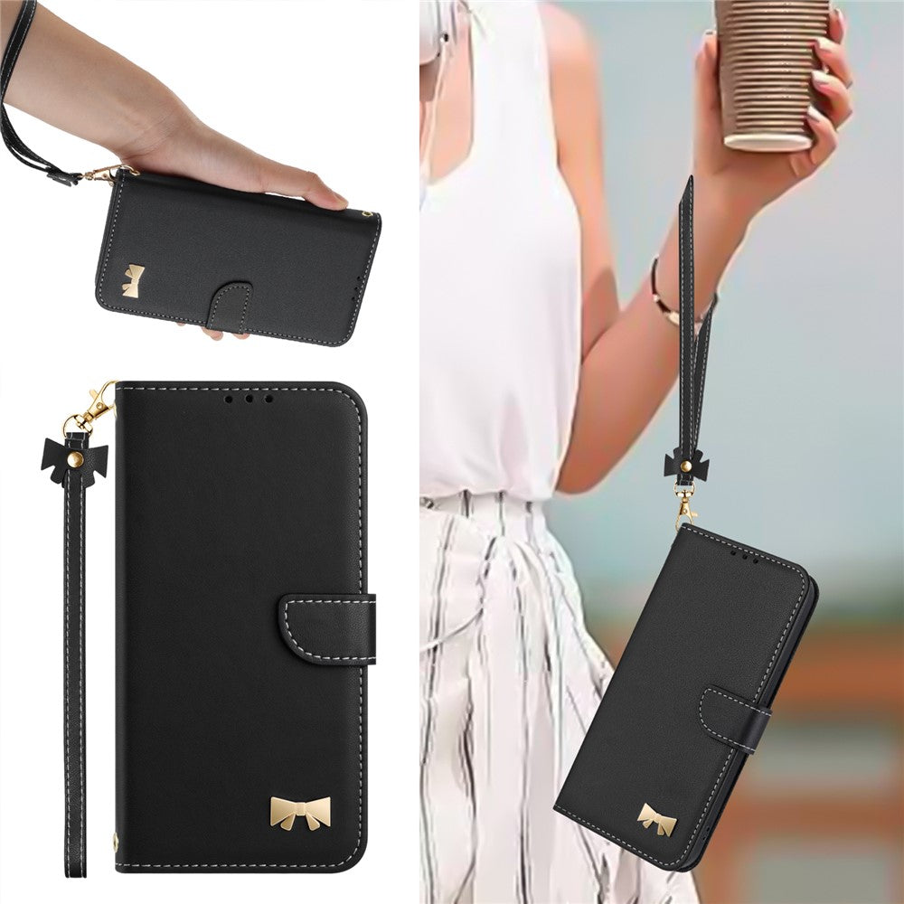 For iPhone 17 Pro Max Case Bowknot Decor Wallet Leather Phone Cover with Wrist Strap - Black