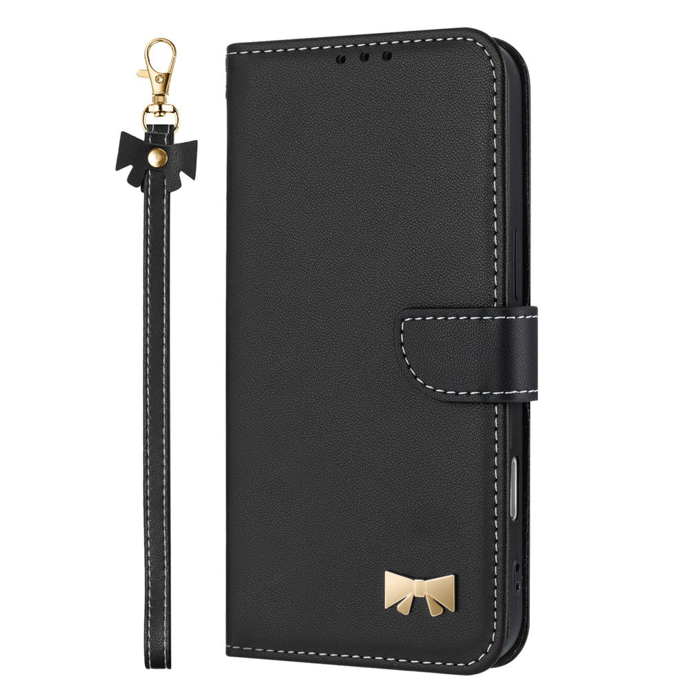 For iPhone 17 Pro Max Case Bowknot Decor Wallet Leather Phone Cover with Wrist Strap - Black