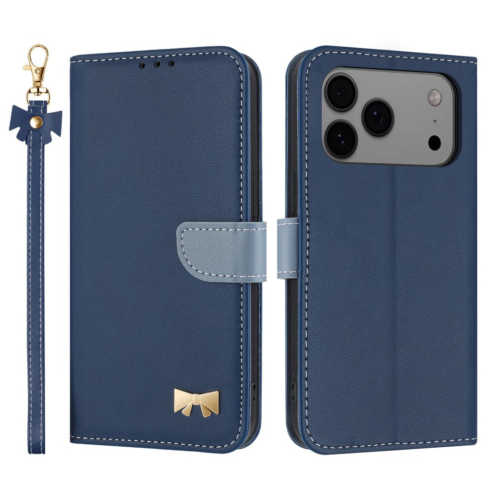 For iPhone 17 Pro Max Case Bowknot Decor Wallet Leather Phone Cover with Wrist Strap - Dark Blue