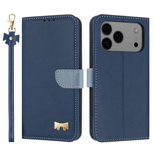 For iPhone 17 Pro Max Case Bowknot Decor Wallet Leather Phone Cover with Wrist Strap - Dark Blue