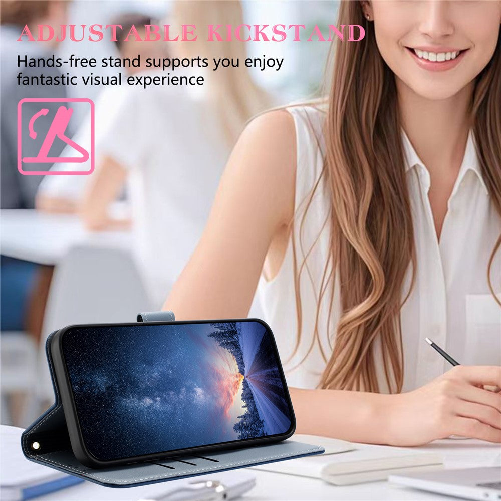 For iPhone 17 Pro Max Case Bowknot Decor Wallet Leather Phone Cover with Wrist Strap - Dark Blue