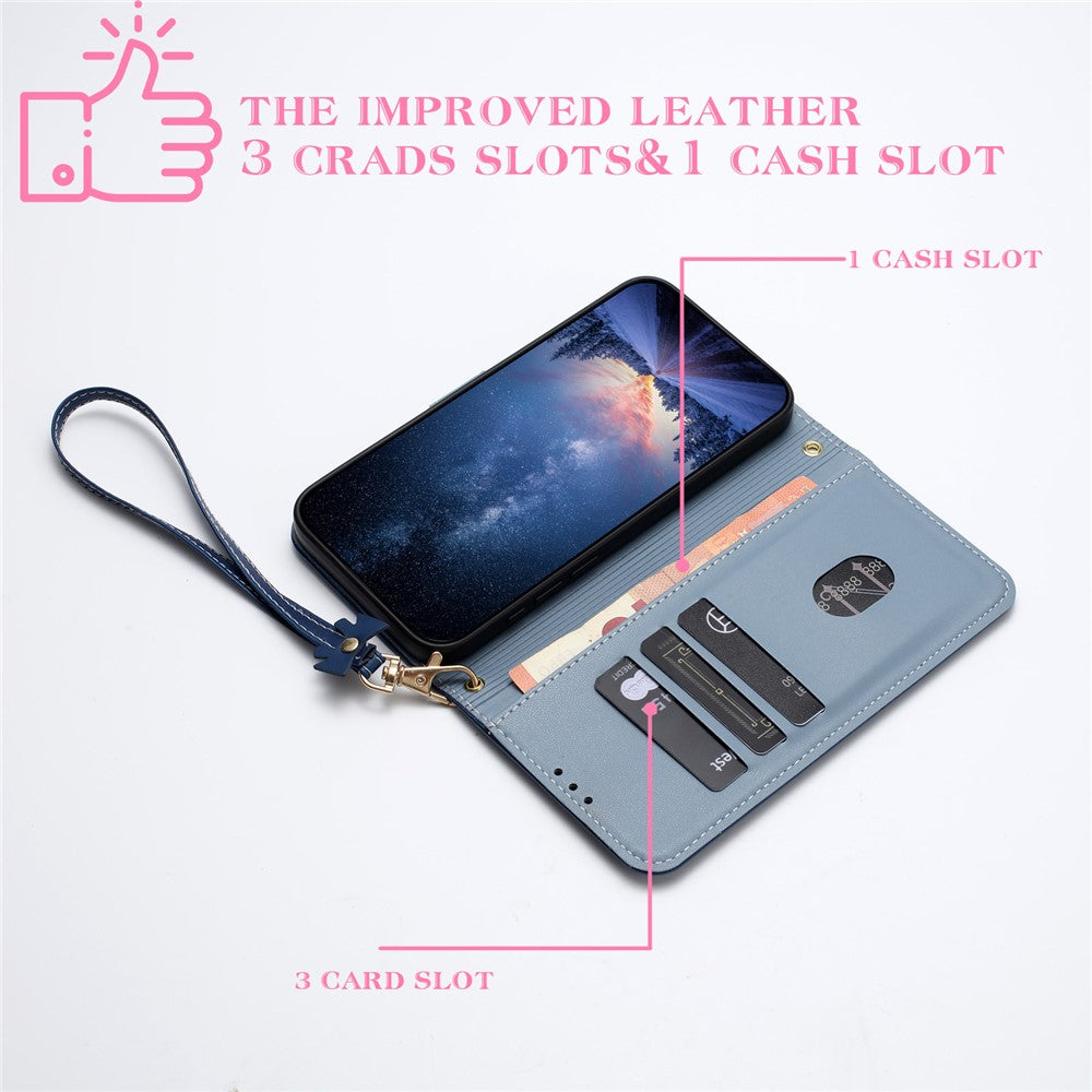 For iPhone 17 Pro Max Case Bowknot Decor Wallet Leather Phone Cover with Wrist Strap - Dark Blue