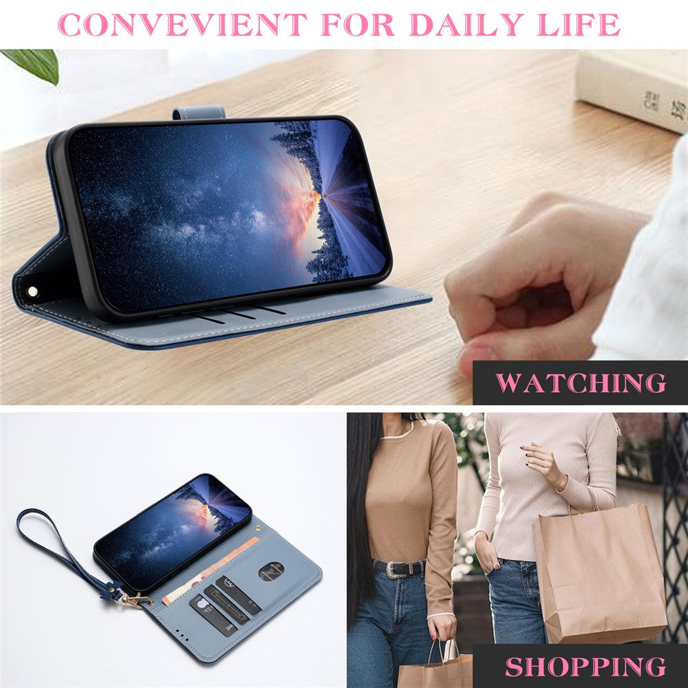 For iPhone 17 Pro Max Case Bowknot Decor Wallet Leather Phone Cover with Wrist Strap - Dark Blue