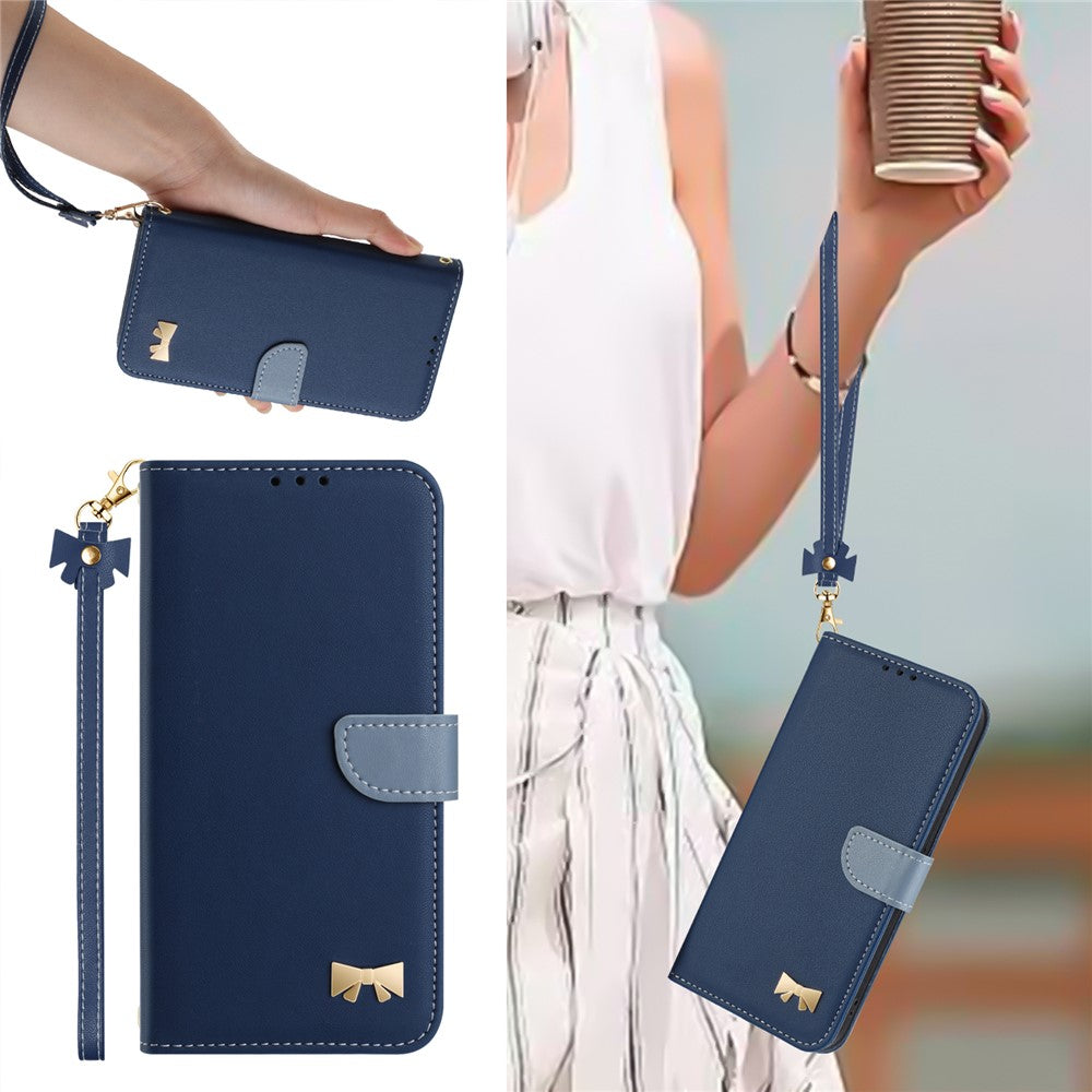 For iPhone 17 Pro Max Case Bowknot Decor Wallet Leather Phone Cover with Wrist Strap - Dark Blue
