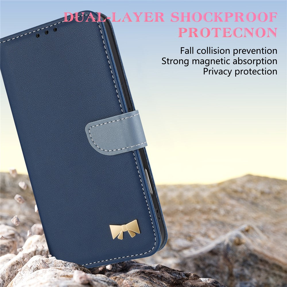For iPhone 17 Pro Max Case Bowknot Decor Wallet Leather Phone Cover with Wrist Strap - Dark Blue