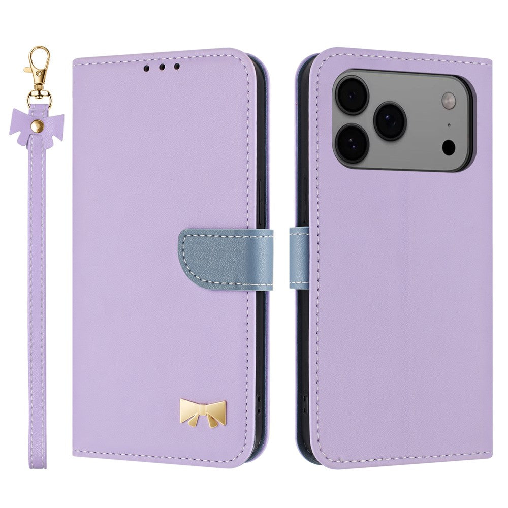 For iPhone 17 Pro Max Case Bowknot Decor Wallet Leather Phone Cover with Wrist Strap - Purple