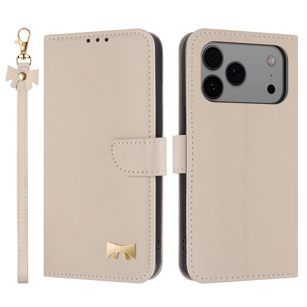 For iPhone 17 Pro Max Case Bowknot Decor Wallet Leather Phone Cover with Wrist Strap - Khaki