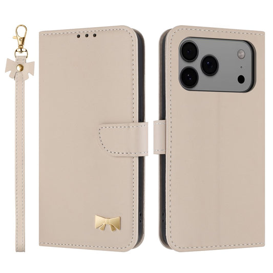 For iPhone 17 Pro Max Case Bowknot Decor Wallet Leather Phone Cover with Wrist Strap - Khaki