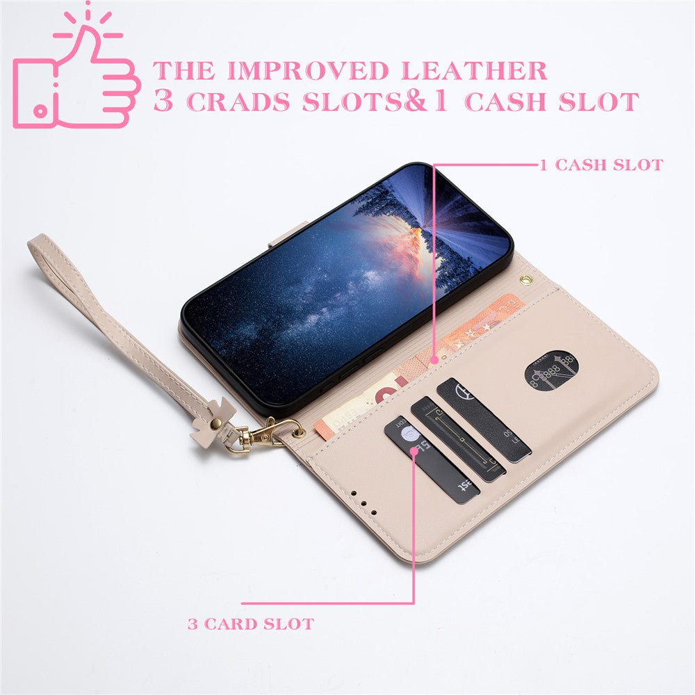 For iPhone 17 Pro Max Case Bowknot Decor Wallet Leather Phone Cover with Wrist Strap - Khaki