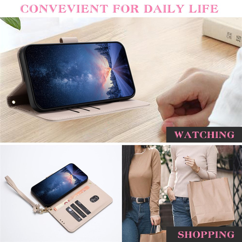 For iPhone 17 Pro Max Case Bowknot Decor Wallet Leather Phone Cover with Wrist Strap - Khaki