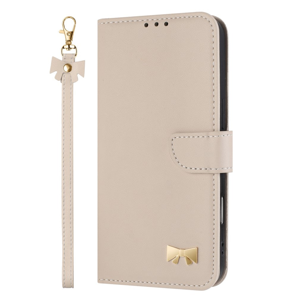 For iPhone 17 Pro Max Case Bowknot Decor Wallet Leather Phone Cover with Wrist Strap - Khaki