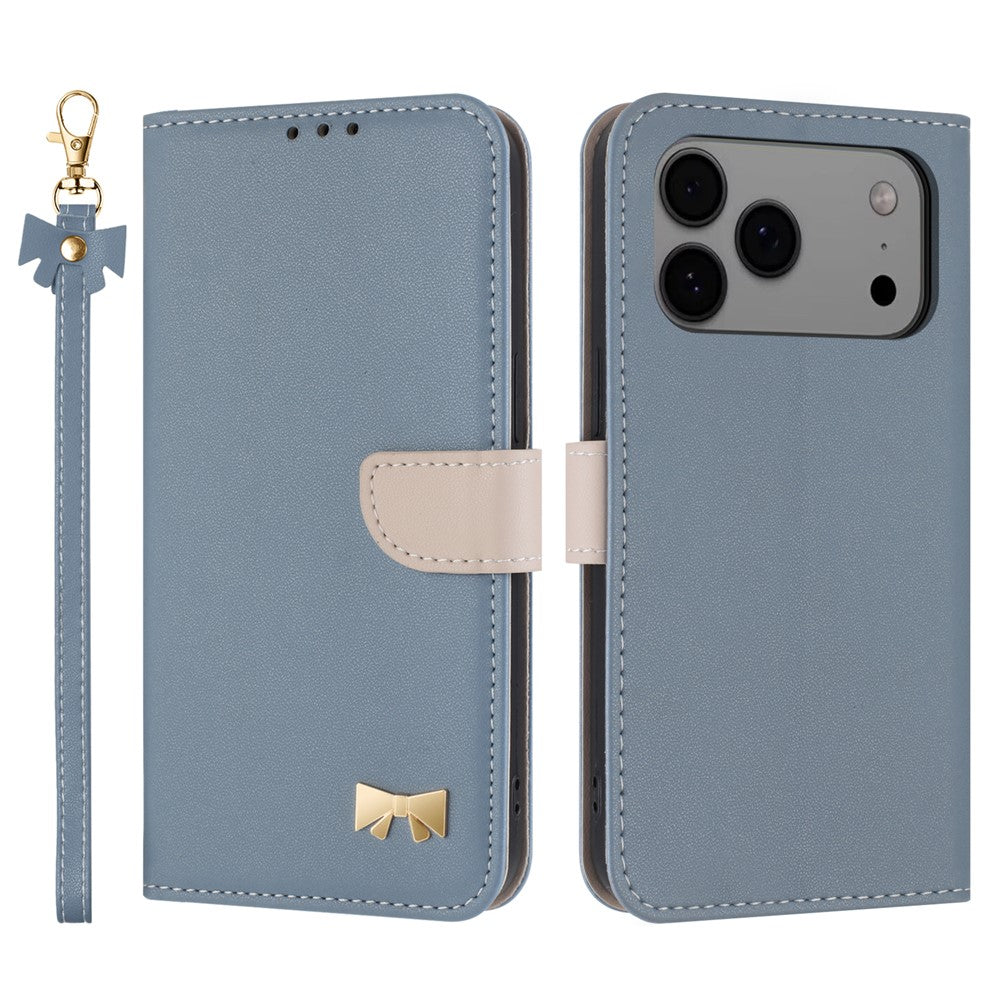 For iPhone 17 Pro Max Case Bowknot Decor Wallet Leather Phone Cover with Wrist Strap - Baby Blue