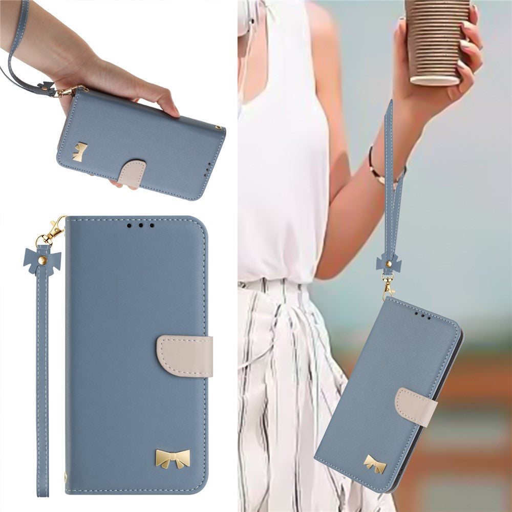 For iPhone 17 Pro Max Case Bowknot Decor Wallet Leather Phone Cover with Wrist Strap - Baby Blue