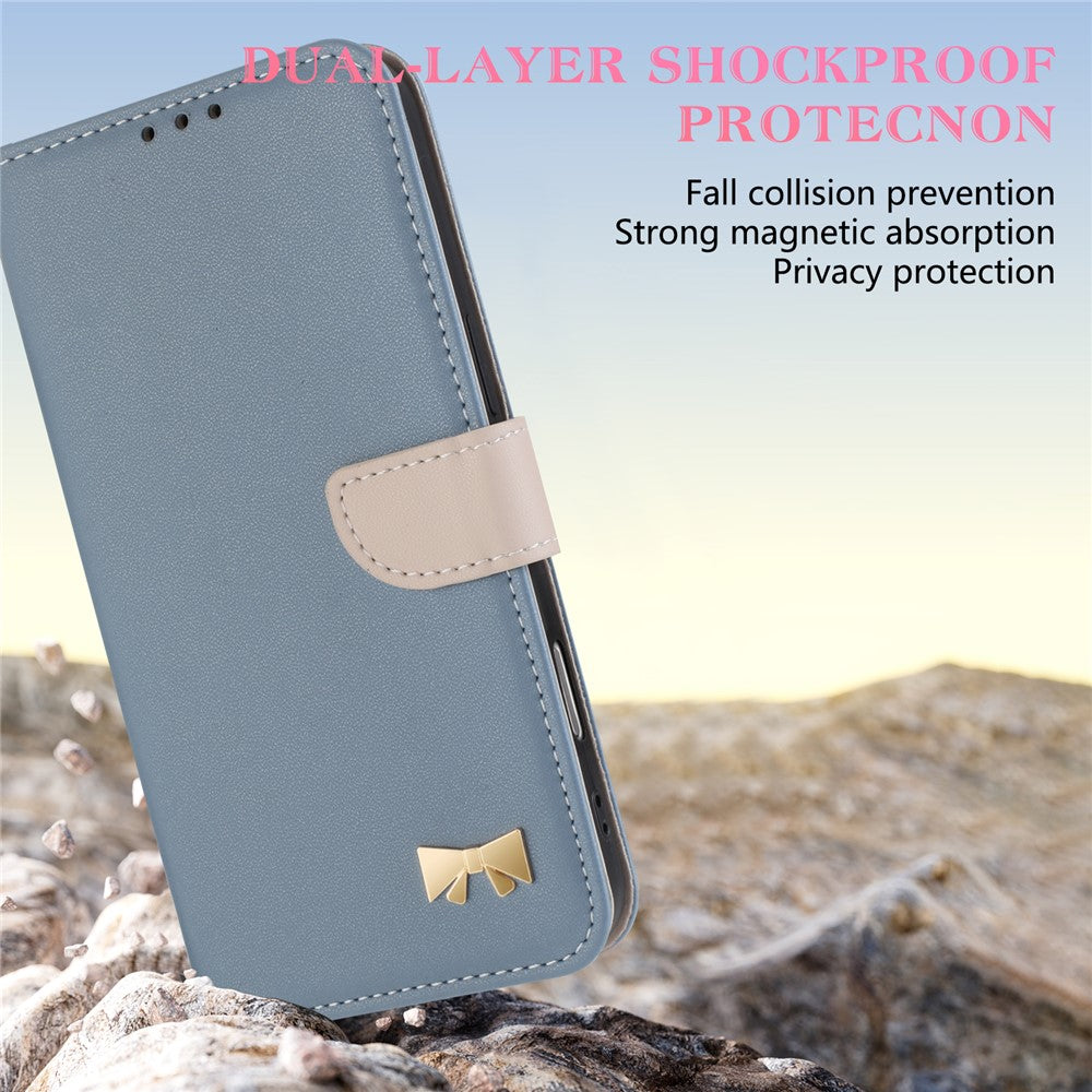 For iPhone 17 Pro Max Case Bowknot Decor Wallet Leather Phone Cover with Wrist Strap - Baby Blue