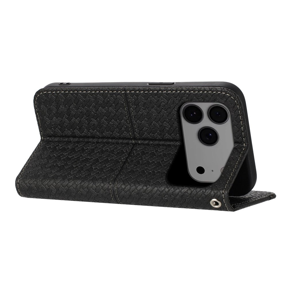 For iPhone 17 Pro Max Case Woven Texture PU Leather Wallet Phone Cover with Wrist Strap - Black