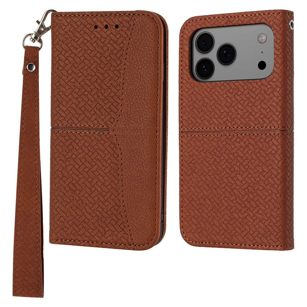 For iPhone 17 Pro Max Case Woven Texture PU Leather Wallet Phone Cover with Wrist Strap - Brown