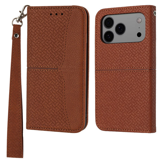 For iPhone 17 Pro Max Case Woven Texture PU Leather Wallet Phone Cover with Wrist Strap - Brown