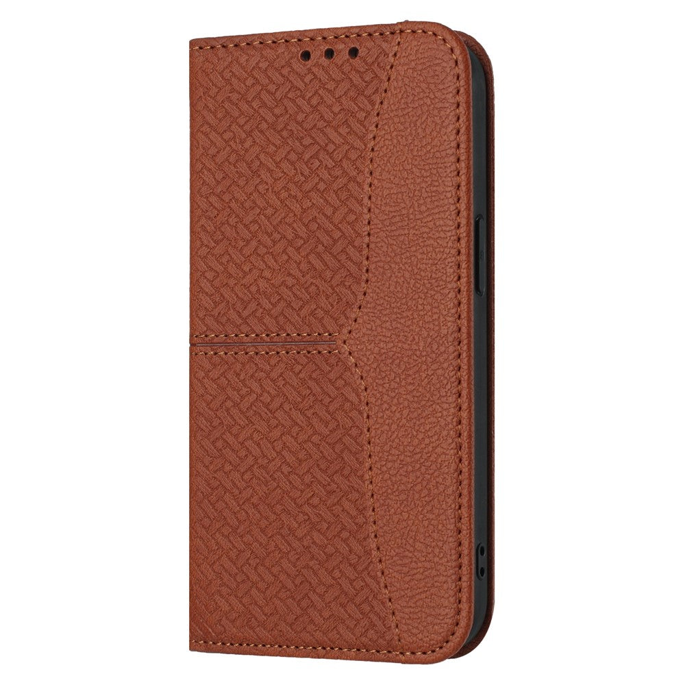 For iPhone 17 Pro Max Case Woven Texture PU Leather Wallet Phone Cover with Wrist Strap - Brown