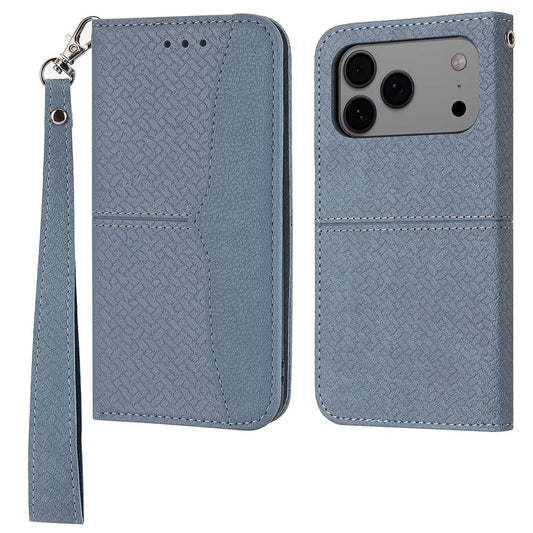 For iPhone 17 Pro Max Case Woven Texture PU Leather Wallet Phone Cover with Wrist Strap - Grey