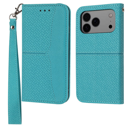 For iPhone 17 Pro Max Case Woven Texture PU Leather Wallet Phone Cover with Wrist Strap - Blue