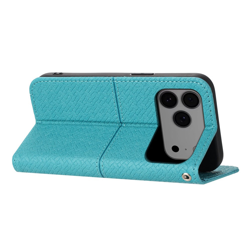 For iPhone 17 Pro Max Case Woven Texture PU Leather Wallet Phone Cover with Wrist Strap - Blue