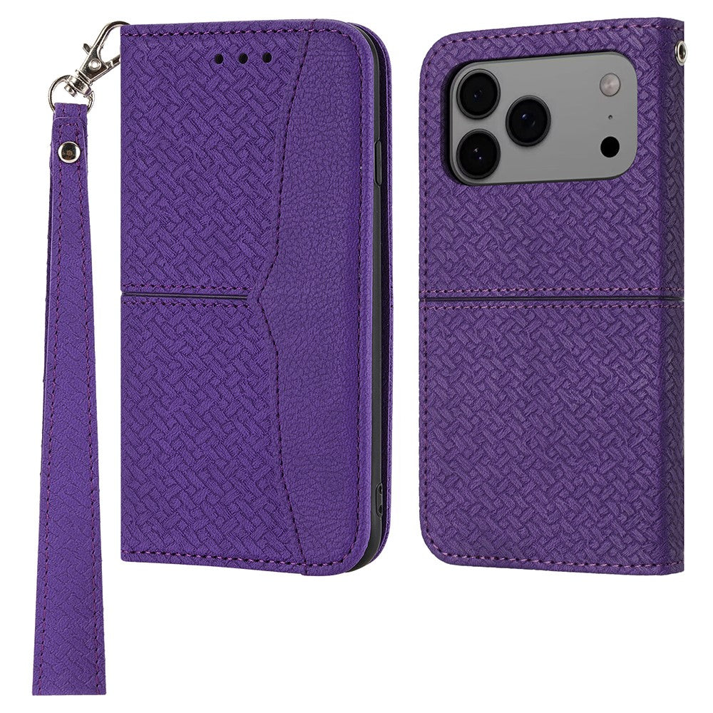 For iPhone 17 Pro Max Case Woven Texture PU Leather Wallet Phone Cover with Wrist Strap - Purple