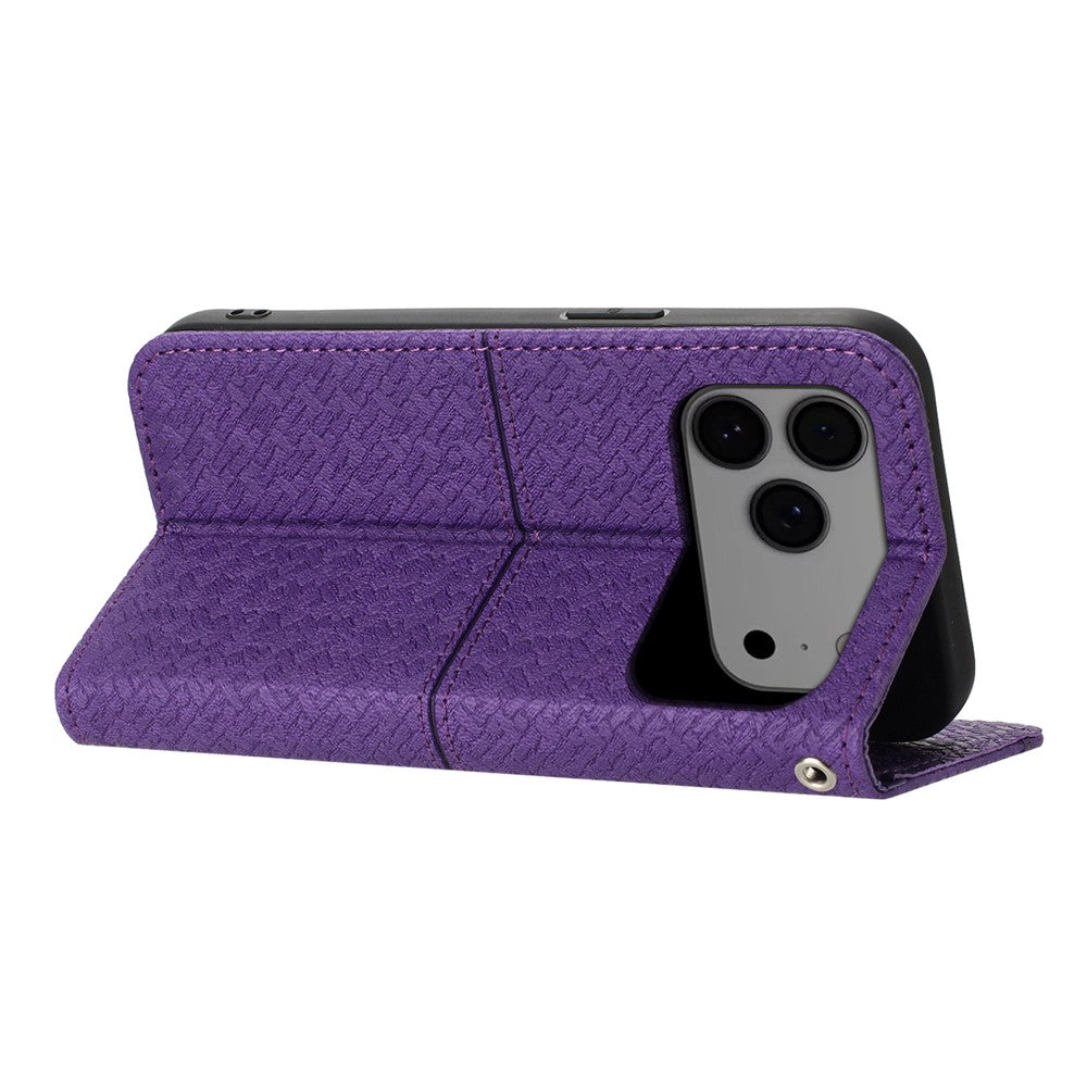For iPhone 17 Pro Max Case Woven Texture PU Leather Wallet Phone Cover with Wrist Strap - Purple