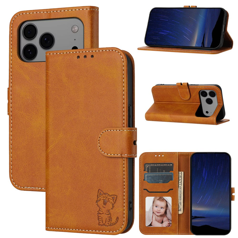 For iPhone 17 Pro Max Case Happy Cat Pattern Imprinted Leather Wallet Phone Cover - Yellow