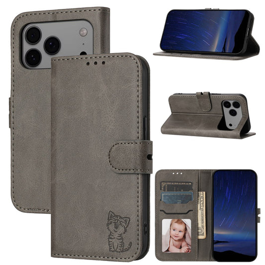 For iPhone 17 Pro Max Case Happy Cat Pattern Imprinted Leather Wallet Phone Cover - Grey