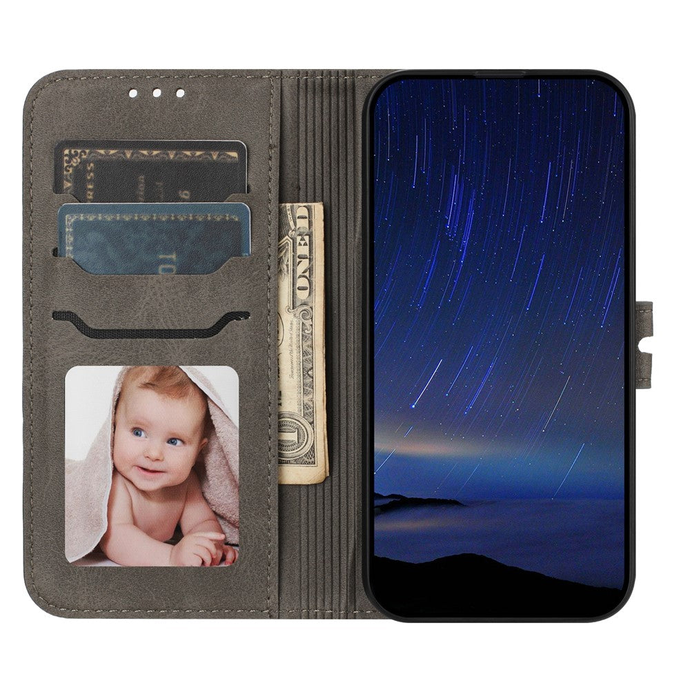 For iPhone 17 Pro Max Case Happy Cat Pattern Imprinted Leather Wallet Phone Cover - Grey