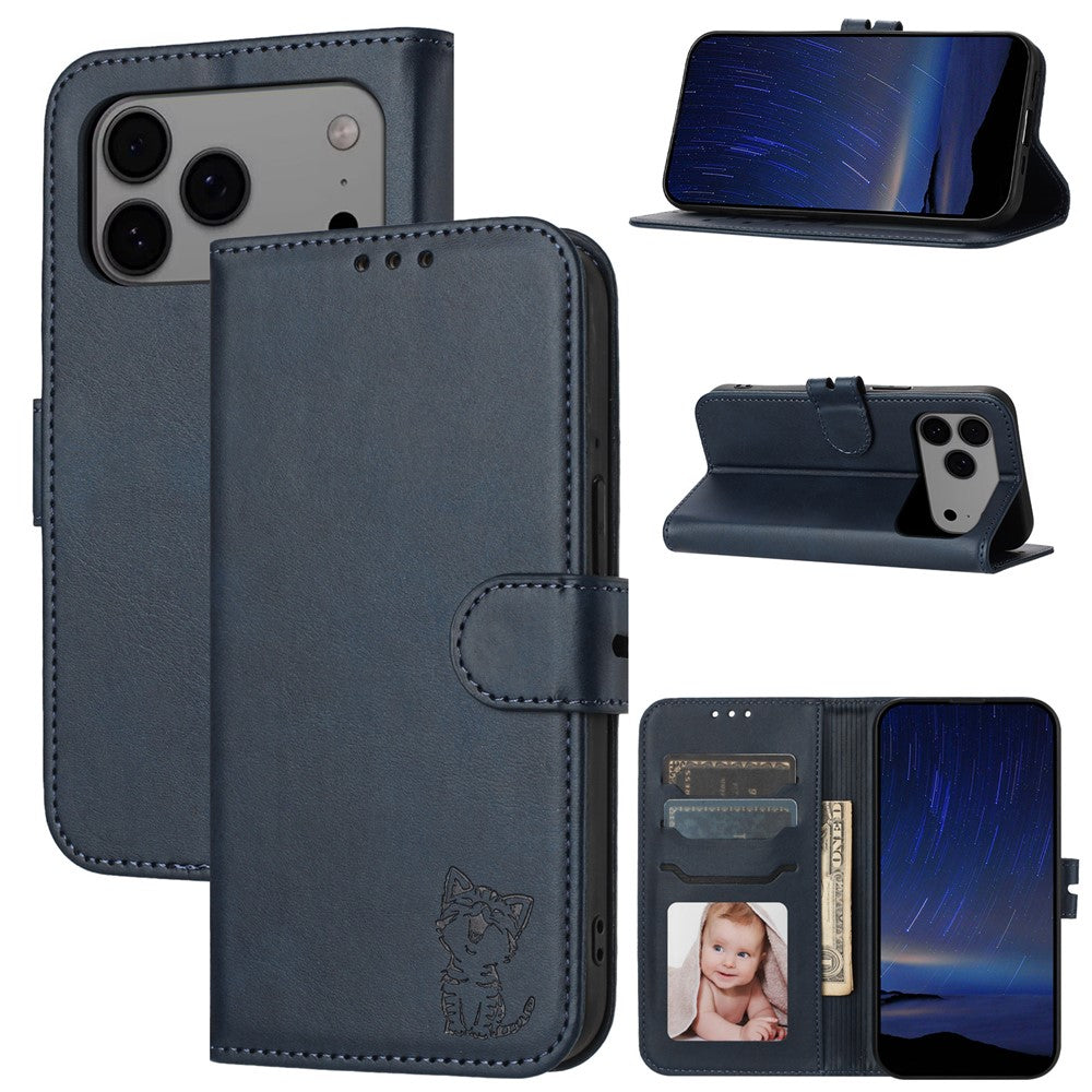 For iPhone 17 Pro Max Case Happy Cat Pattern Imprinted Leather Wallet Phone Cover - Blue