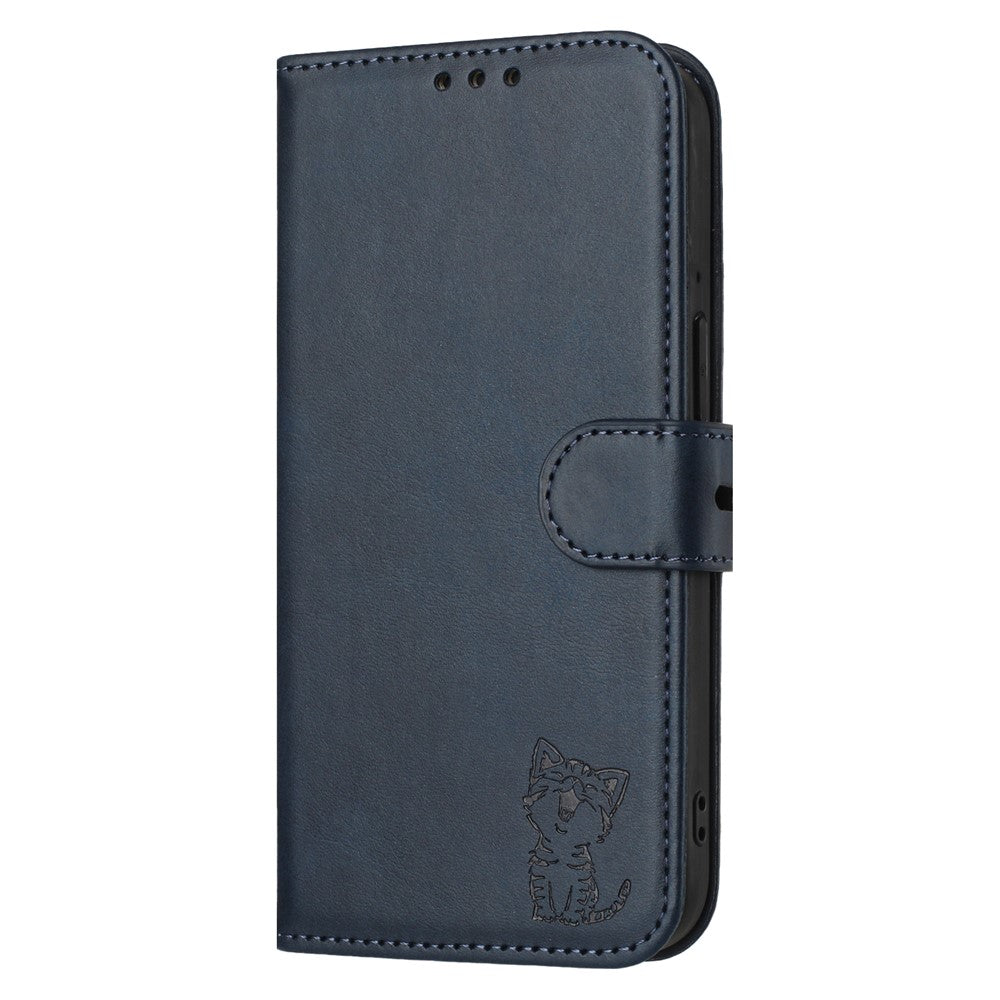 For iPhone 17 Pro Max Case Happy Cat Pattern Imprinted Leather Wallet Phone Cover - Blue