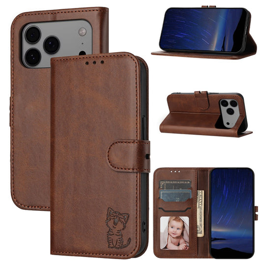 For iPhone 17 Pro Max Case Happy Cat Pattern Imprinted Leather Wallet Phone Cover - Brown