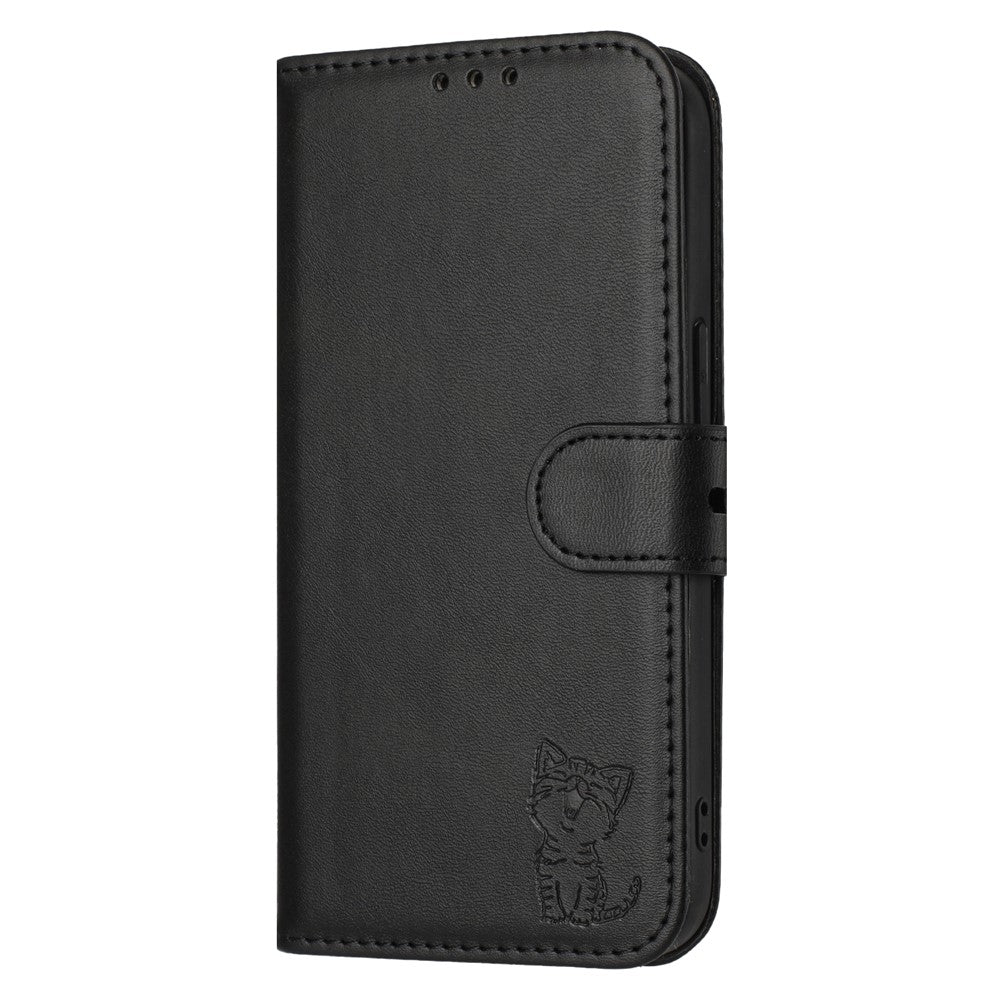 For iPhone 17 Pro Max Case Happy Cat Pattern Imprinted Leather Wallet Phone Cover - Black