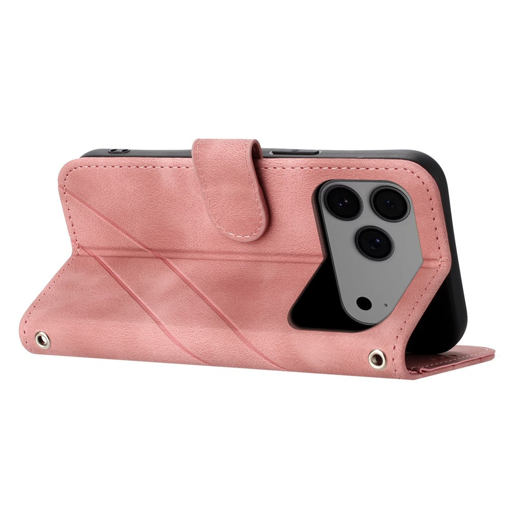 For iPhone 17 Pro Max Case Imprinted Line Leather Phone Cover with Handy Strap - Pink