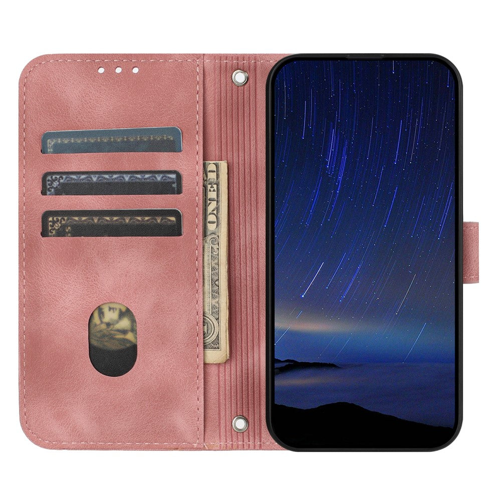 For iPhone 17 Pro Max Case Imprinted Line Leather Phone Cover with Handy Strap - Pink