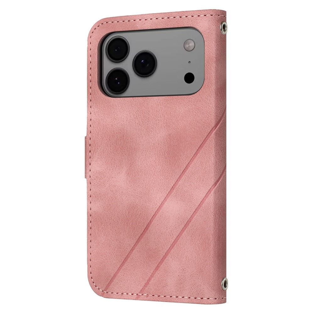 For iPhone 17 Pro Max Case Imprinted Line Leather Phone Cover with Handy Strap - Pink