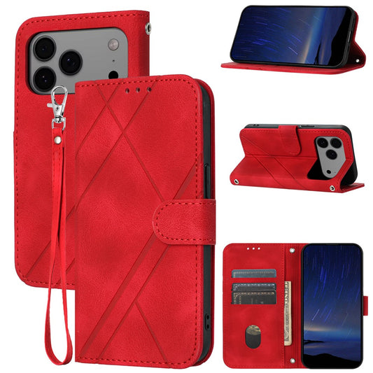 For iPhone 17 Pro Max Case Imprinted Line Leather Phone Cover with Handy Strap - Red